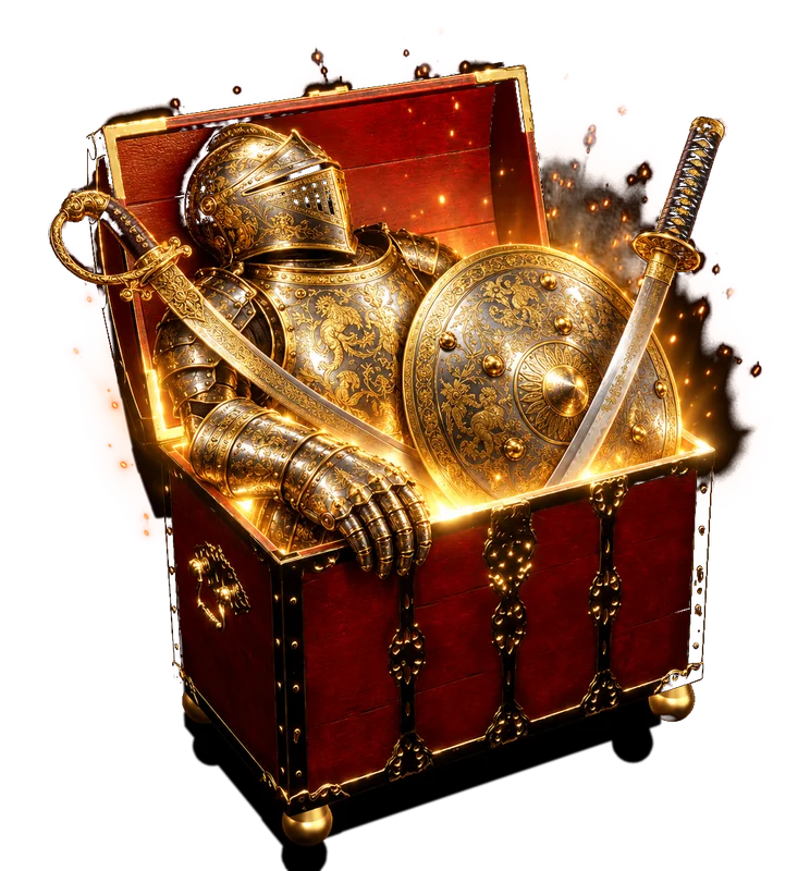 The King's Reliquary, open and heaped with gilded armor, a shield, a saber and a katana