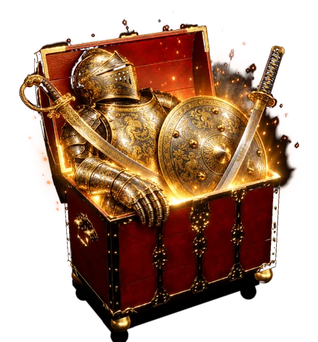 Open, with gilded armor, a shield, a saber and a katana inside