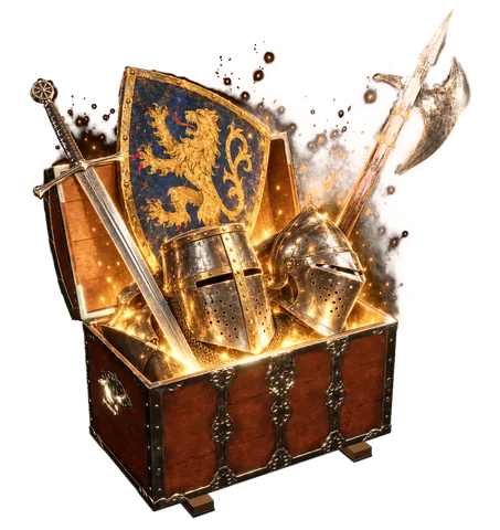 Open, with a heraldic shield, two helmets, a longsword and a poleaxe inside