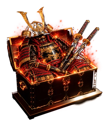 Open, with a lacquered samurai armor and two katana inside