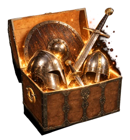Open, with two helmets, a round shield and two swords inside
