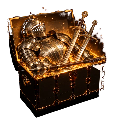 Open, with a plate armor, two swords and a mace inside